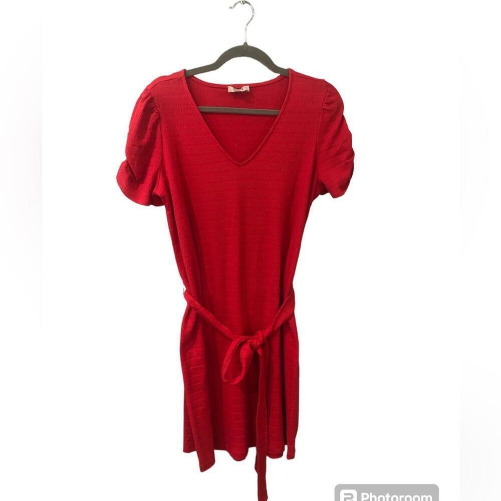 Loft Tee Shirt Dress Stretchy Cotton Blend Red “Seersucker” Ruched Sleeve V Neck